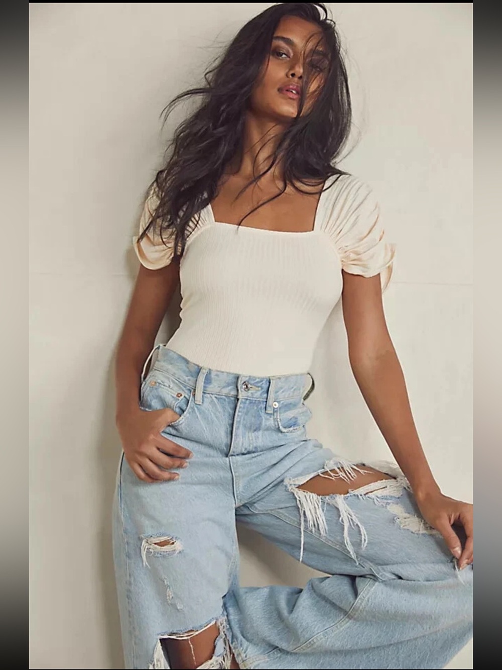 Free People intimately Bodysuit Square-Neck Puff Sleeve Ribbed - Cream